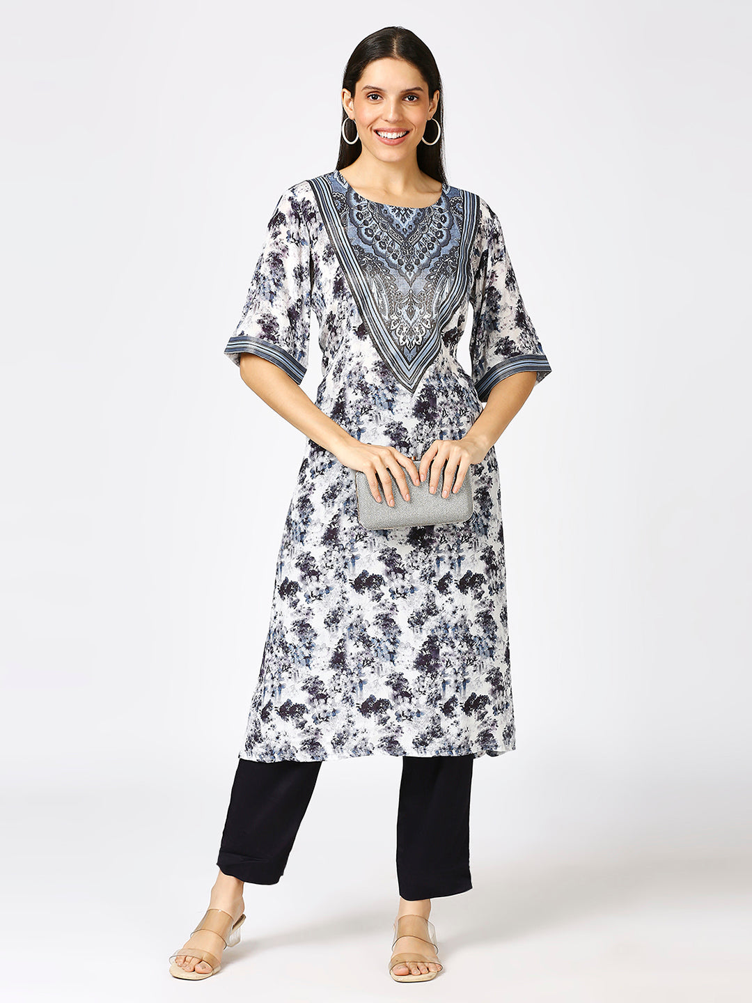 Blue Floral Printed Silver Metallic Kurti with Brocade Yolk