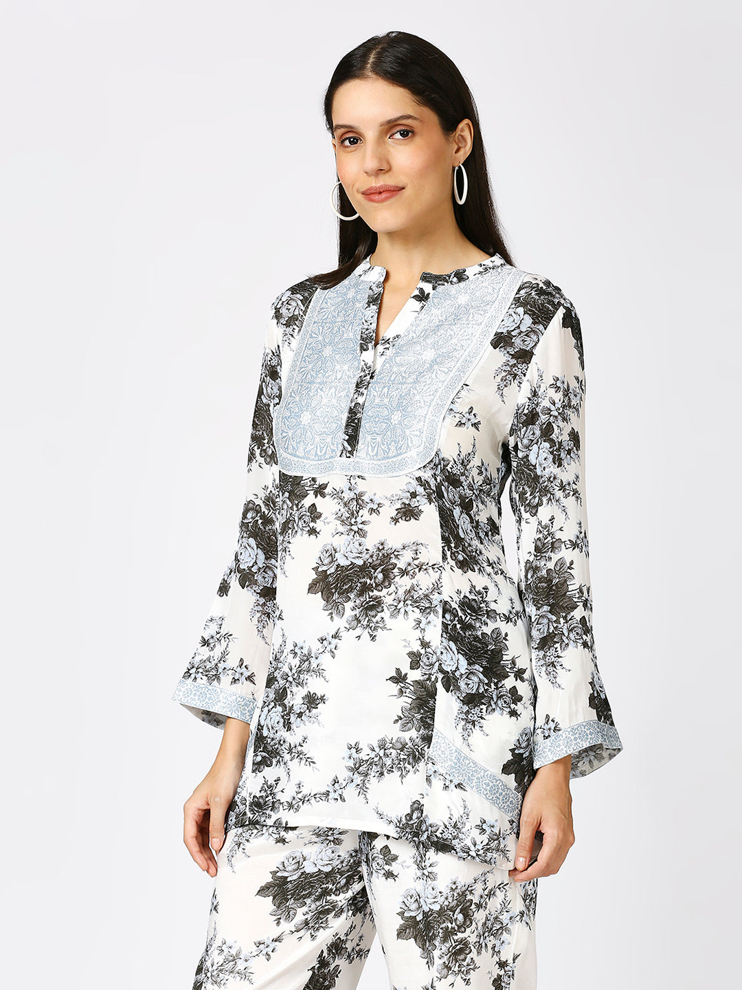 White Teal Floral Printed Top with Brocade Yolk