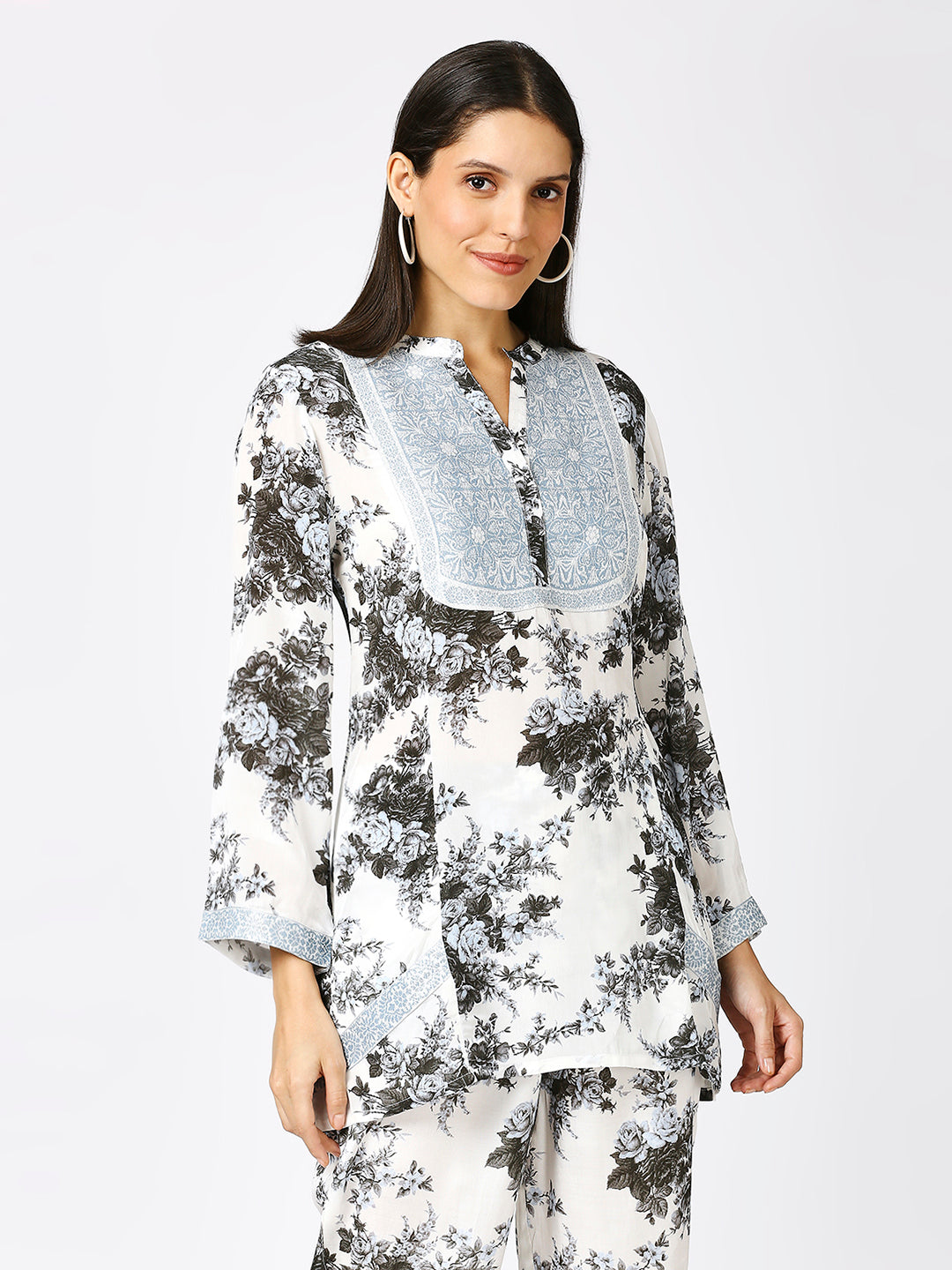 White Teal Floral Printed Top with Brocade Yolk