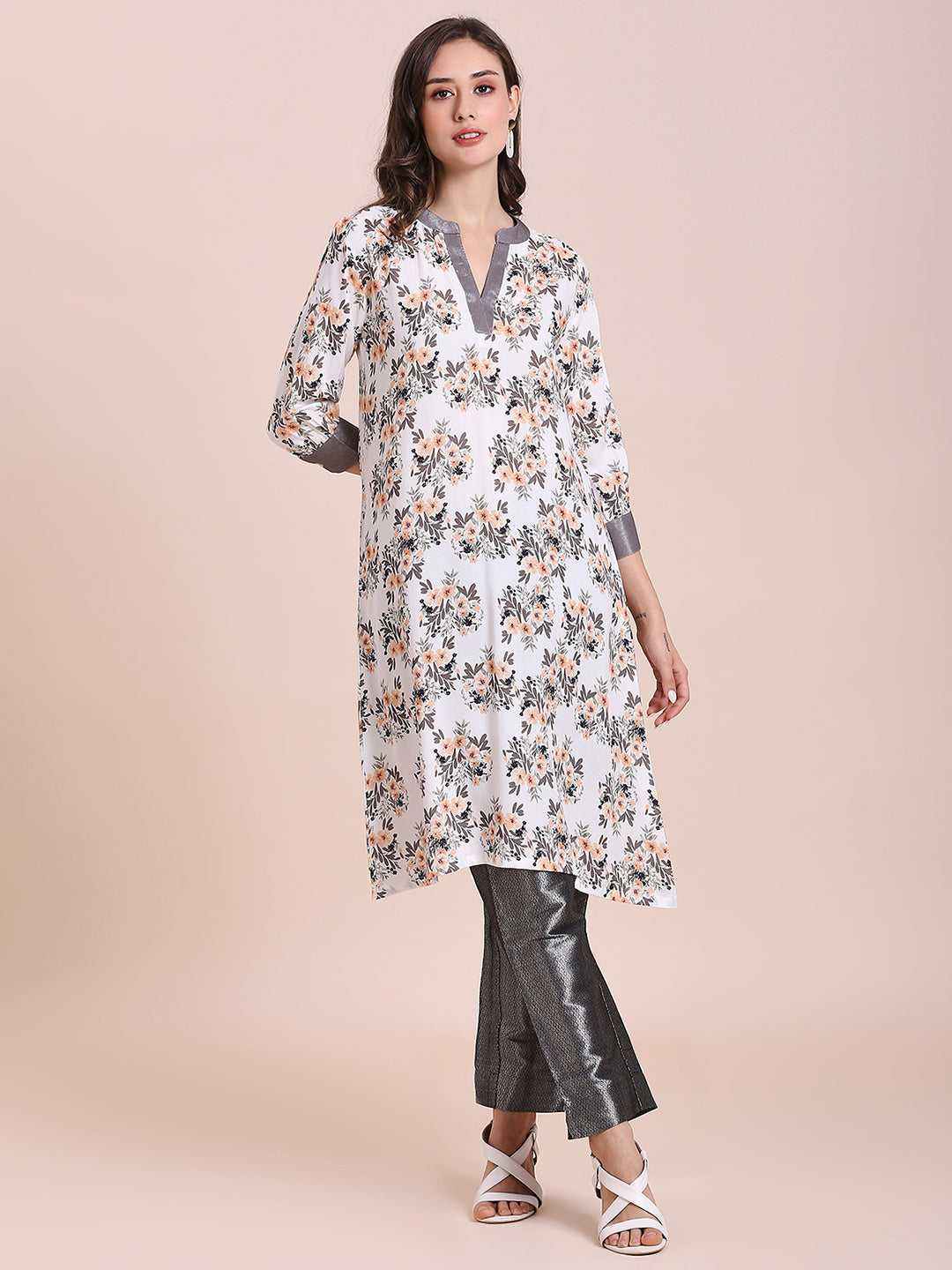 White Floral Printed Viscose Kurti with Brocade Trims