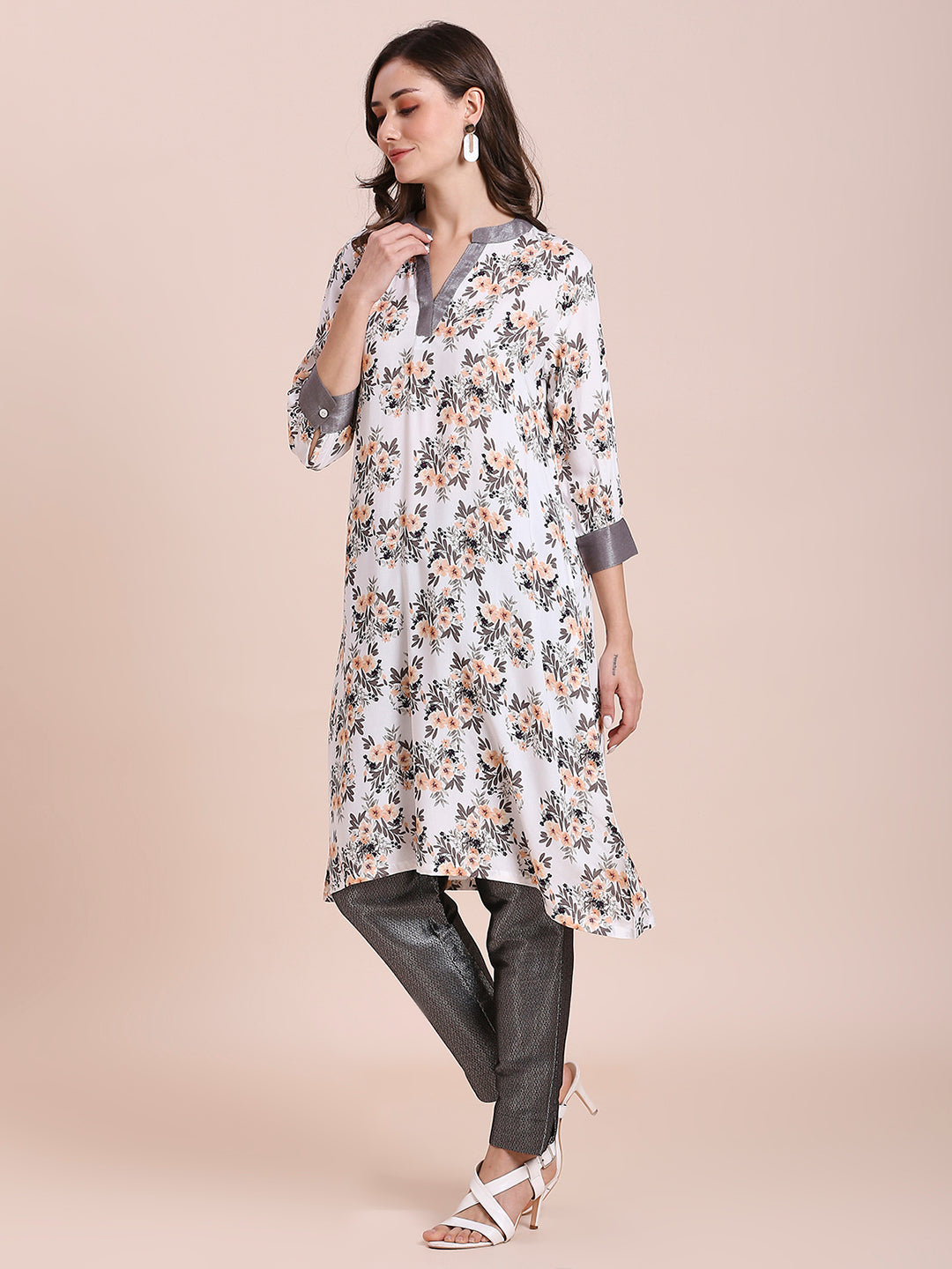 White Floral Printed Viscose Kurti with Brocade Trims