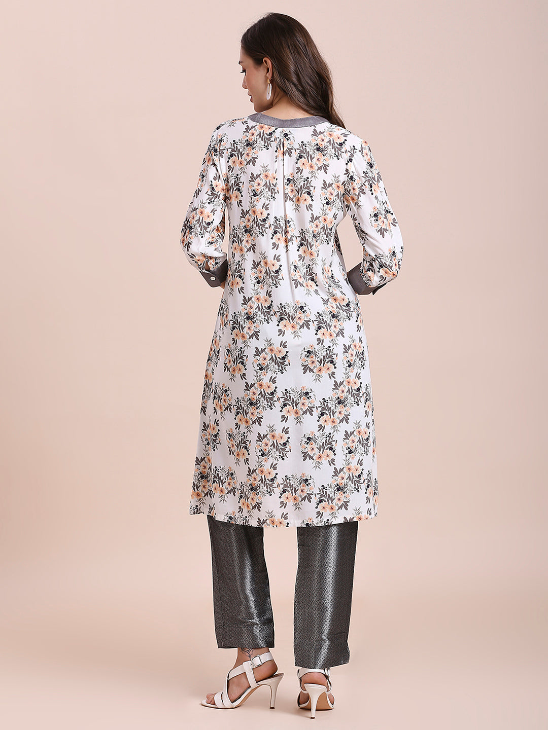 White Floral Printed Viscose Kurti with Brocade Trims