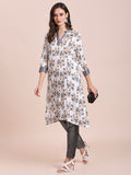 White Floral Printed Viscose Kurta with Brocade Trims