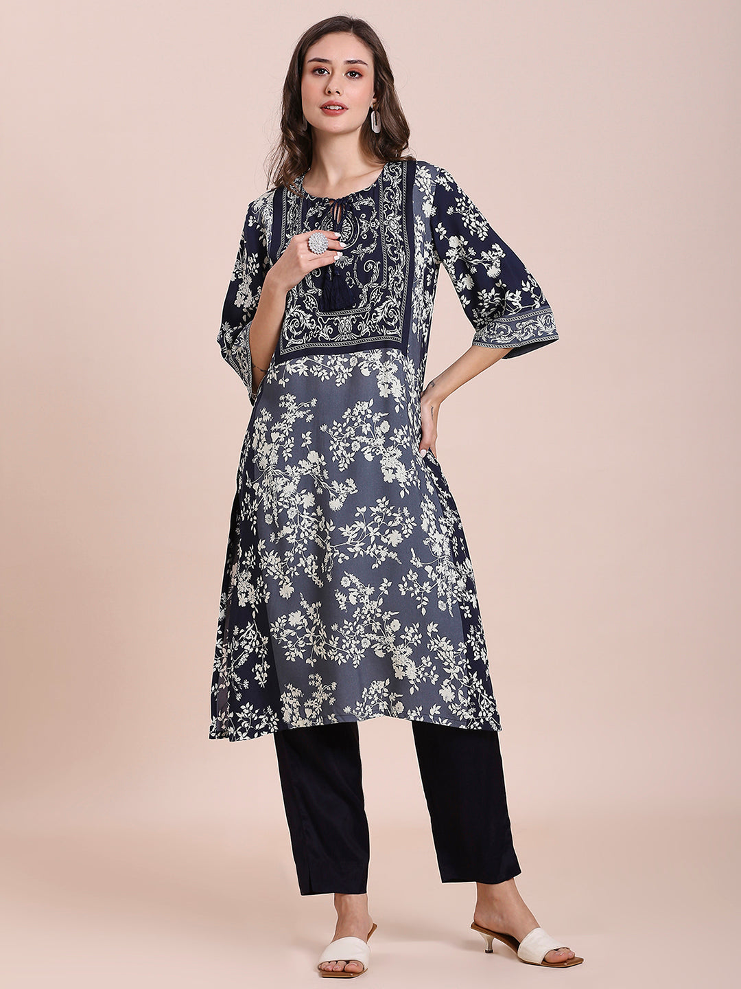 Viscose Floral Printed Navy Grey Kurta