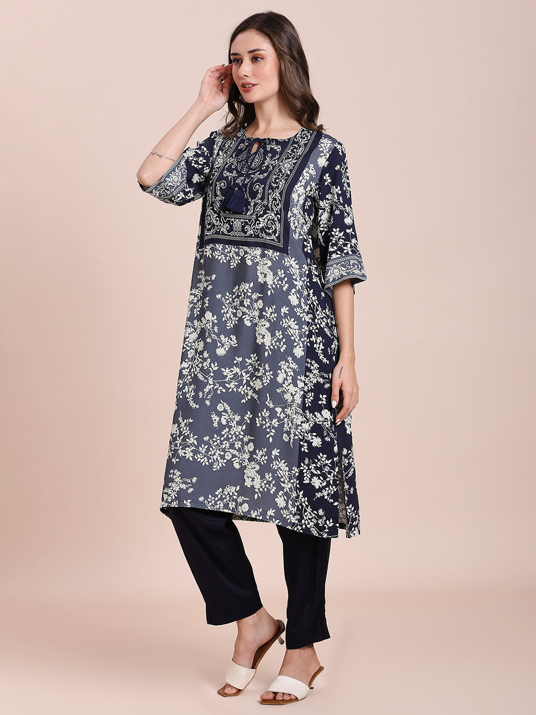 Viscose Floral Printed Navy Grey Kurta
