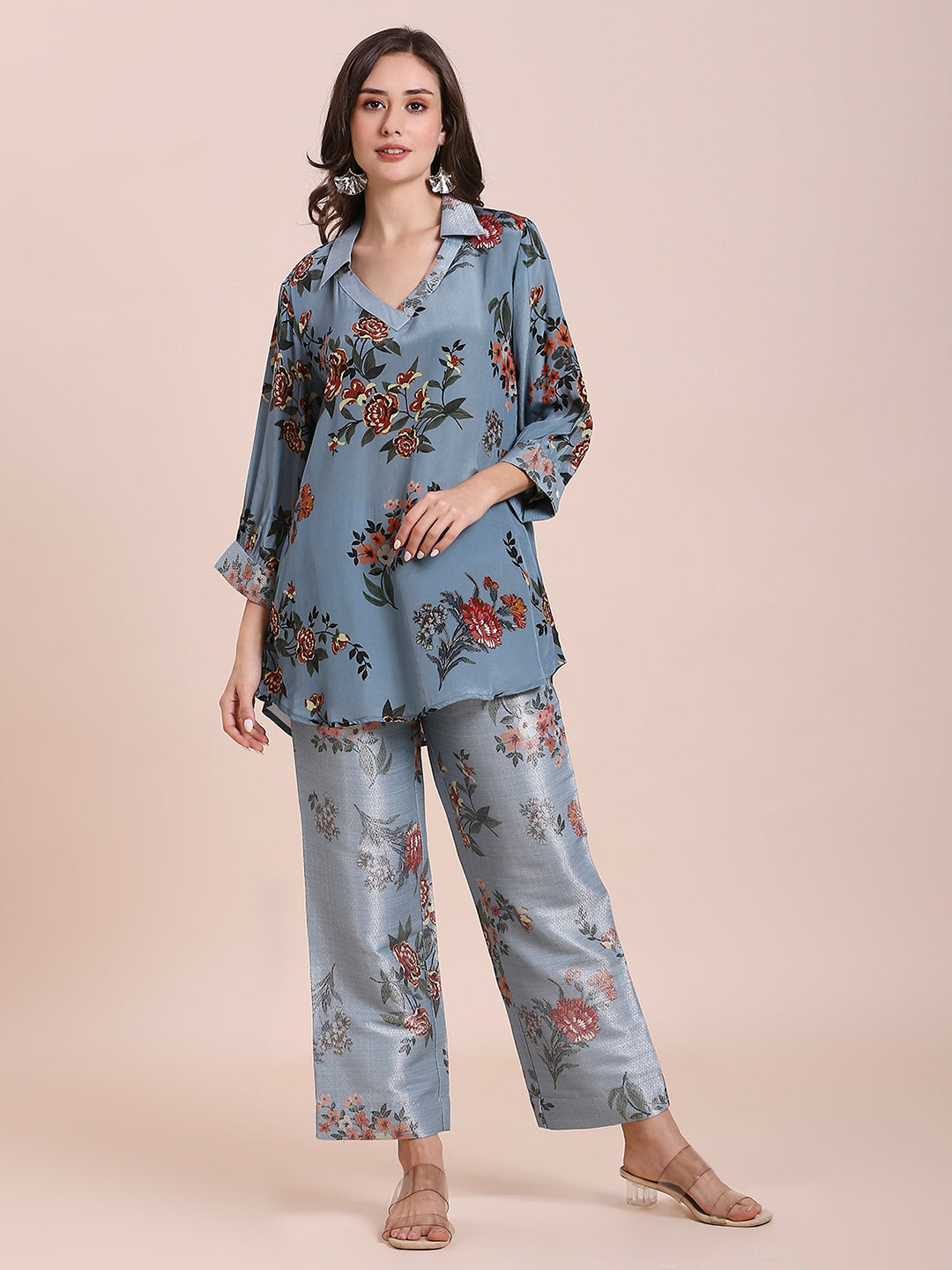 Teal Floral Printed Co-Ord Set With Brocade Pant