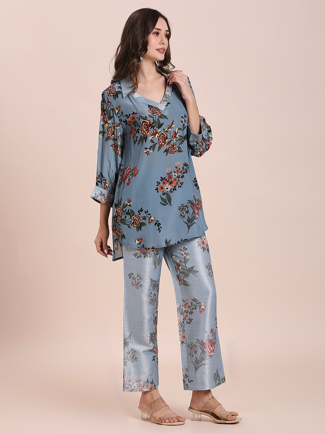 Teal Floral Printed Co-Ord Set With Brocade Pant