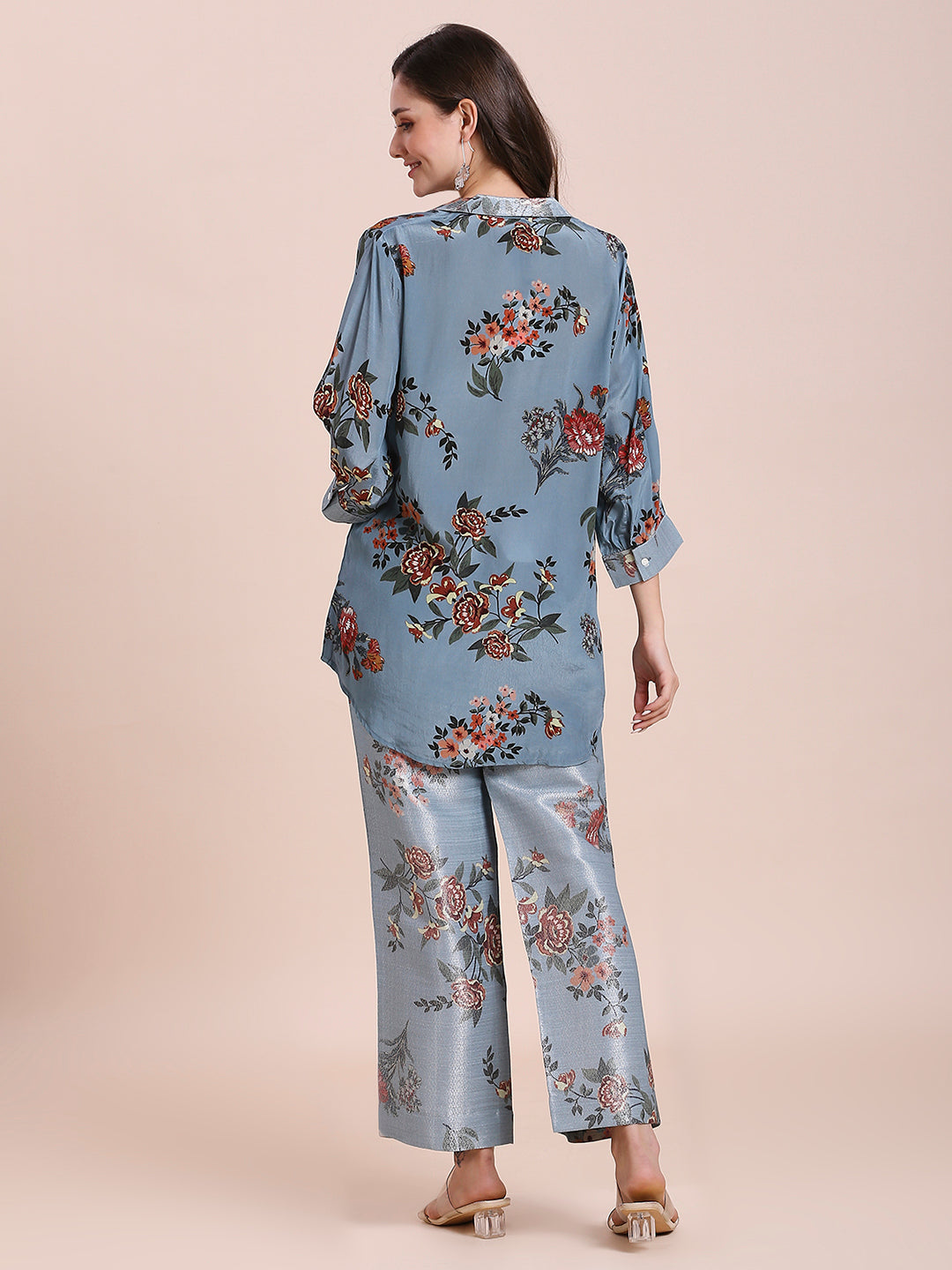 Teal Floral Printed Co-Ord Set With Brocade Pant