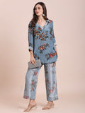 Teal Floral Printed Co-Ord Set With Brocade Pant