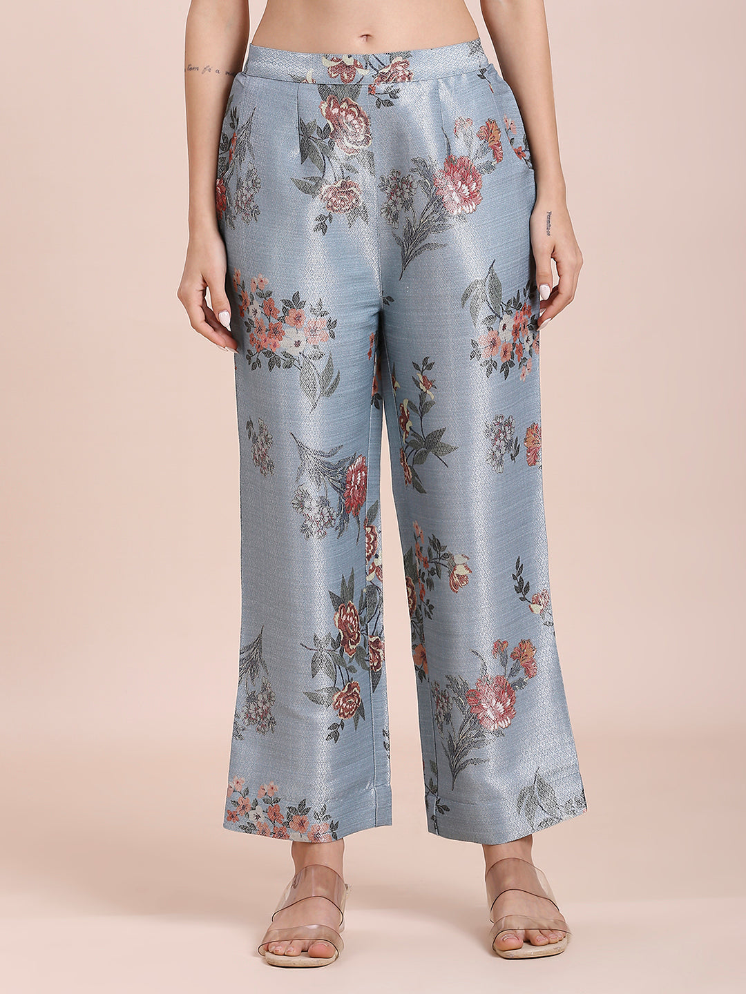 Teal Floral Printed Co-Ord Set With Brocade Pant