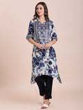 Navy Floral Printed Asymmetric Kurta with Brocade Yolk