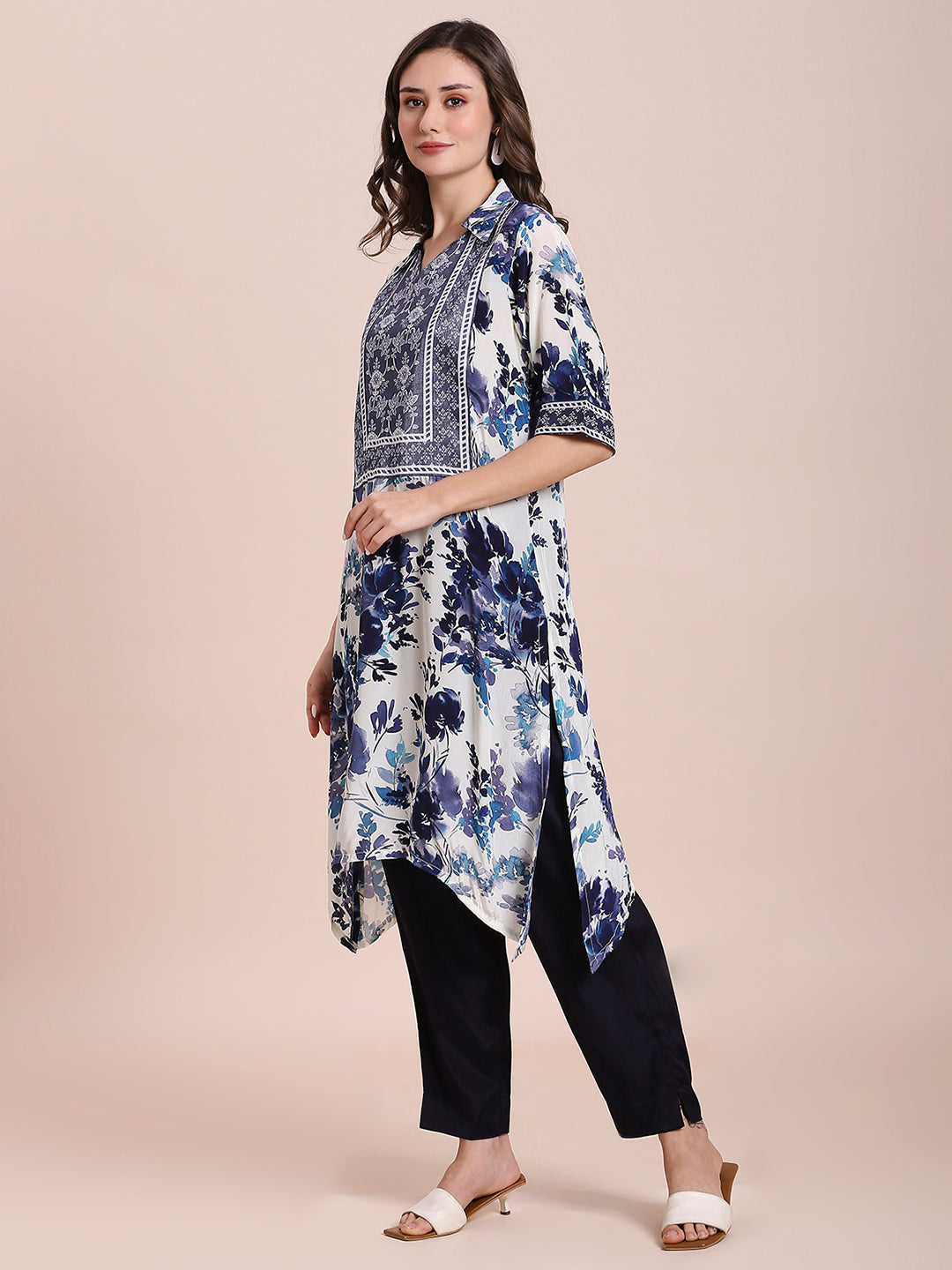 Navy Floral Printed Asymmetric Kurti with Brocade Yolk