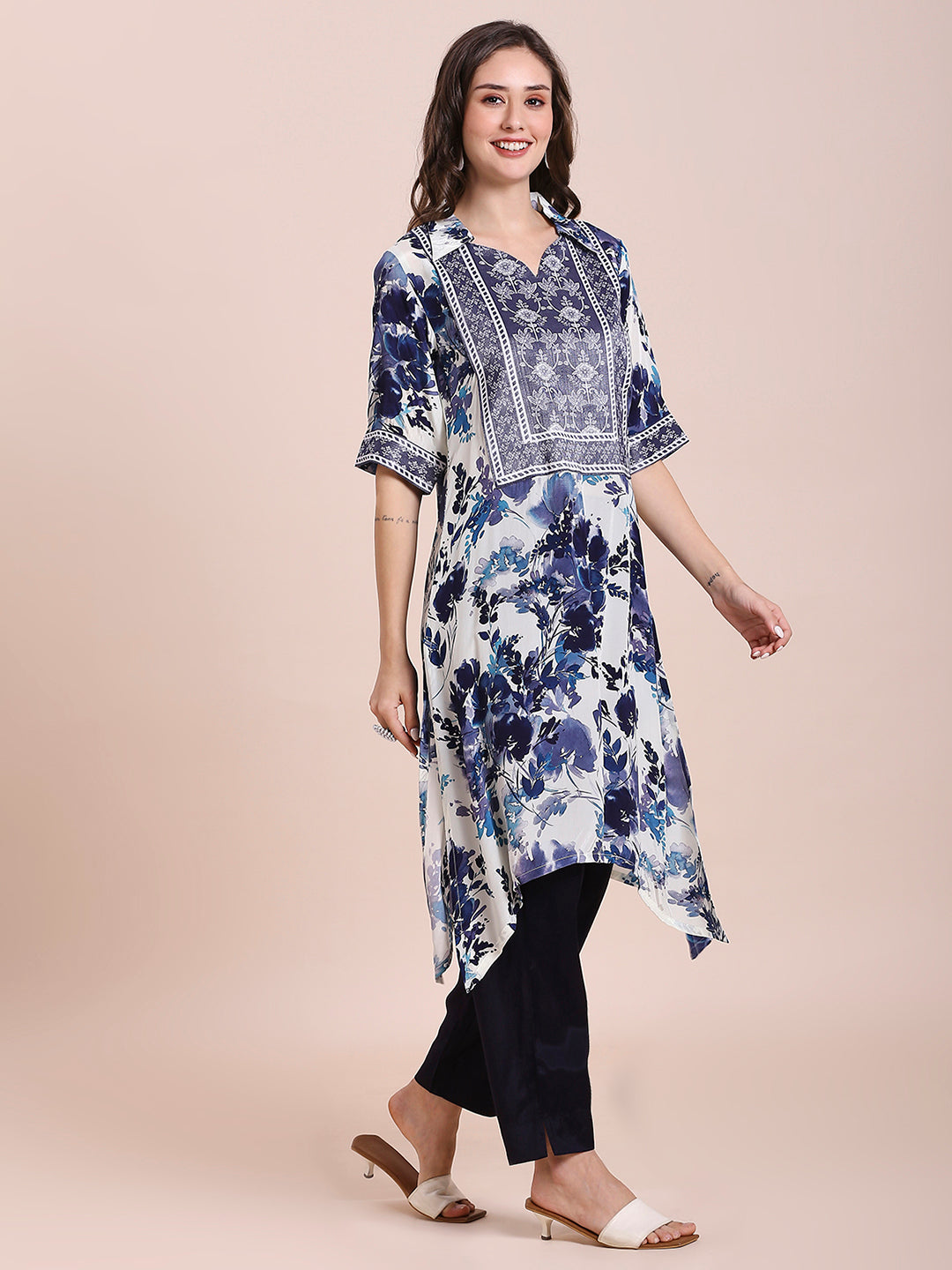 Navy Floral Printed Asymmetric Kurti with Brocade Yolk