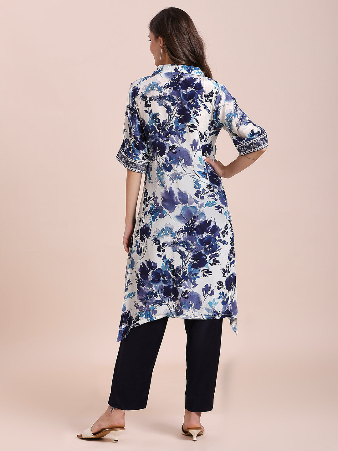 Navy Floral Printed Asymmetric Kurti with Brocade Yolk