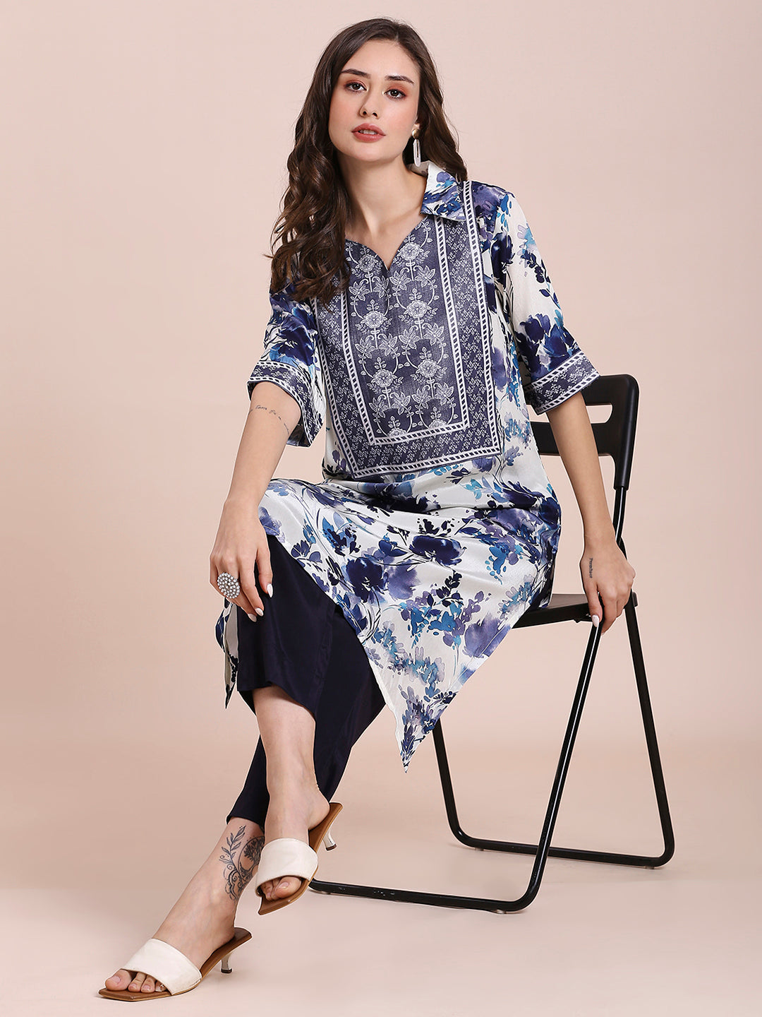 Navy Floral Printed Asymmetric Kurti with Brocade Yolk