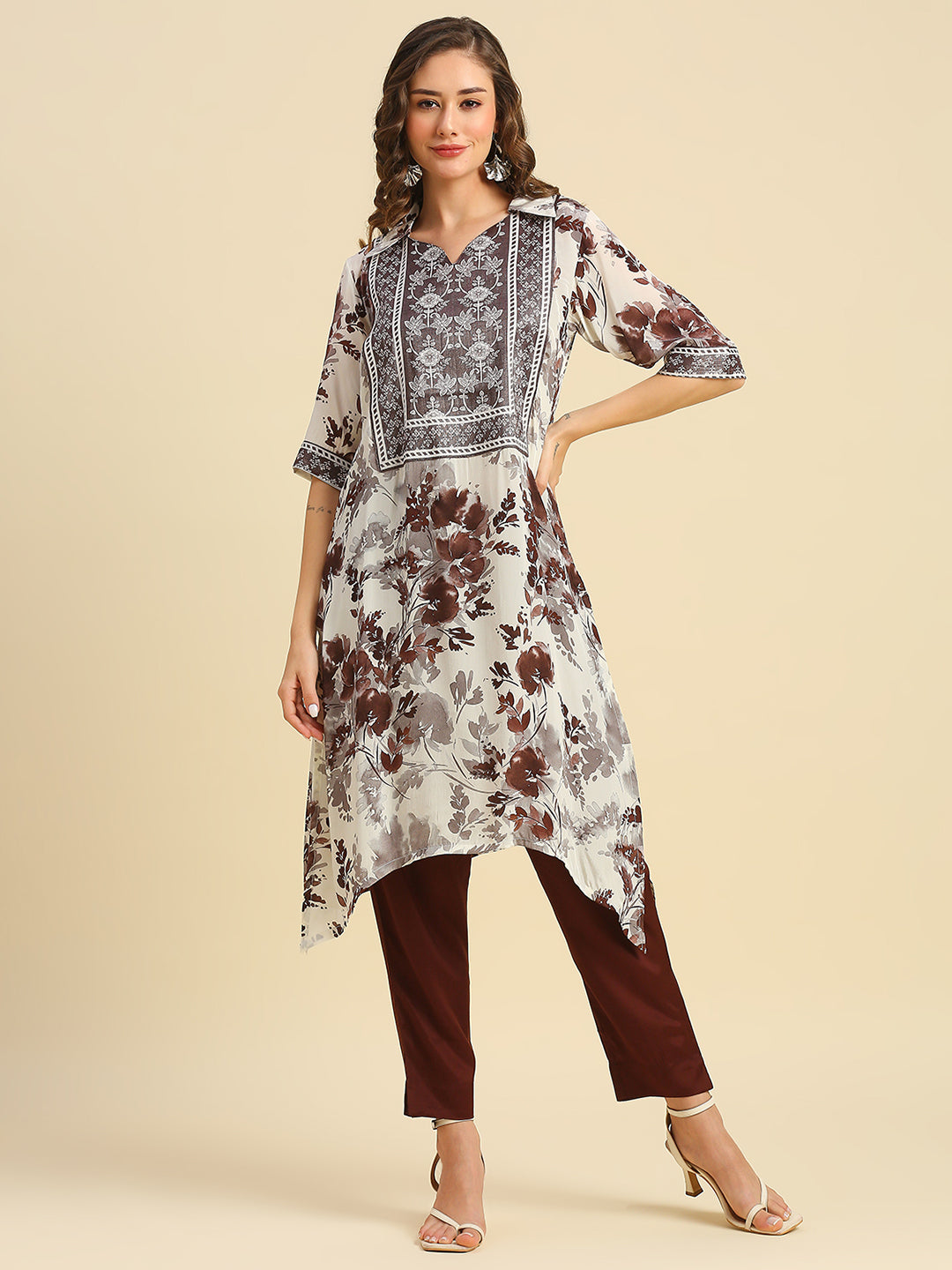 Floral Printed Brown Asymmetric Kurta