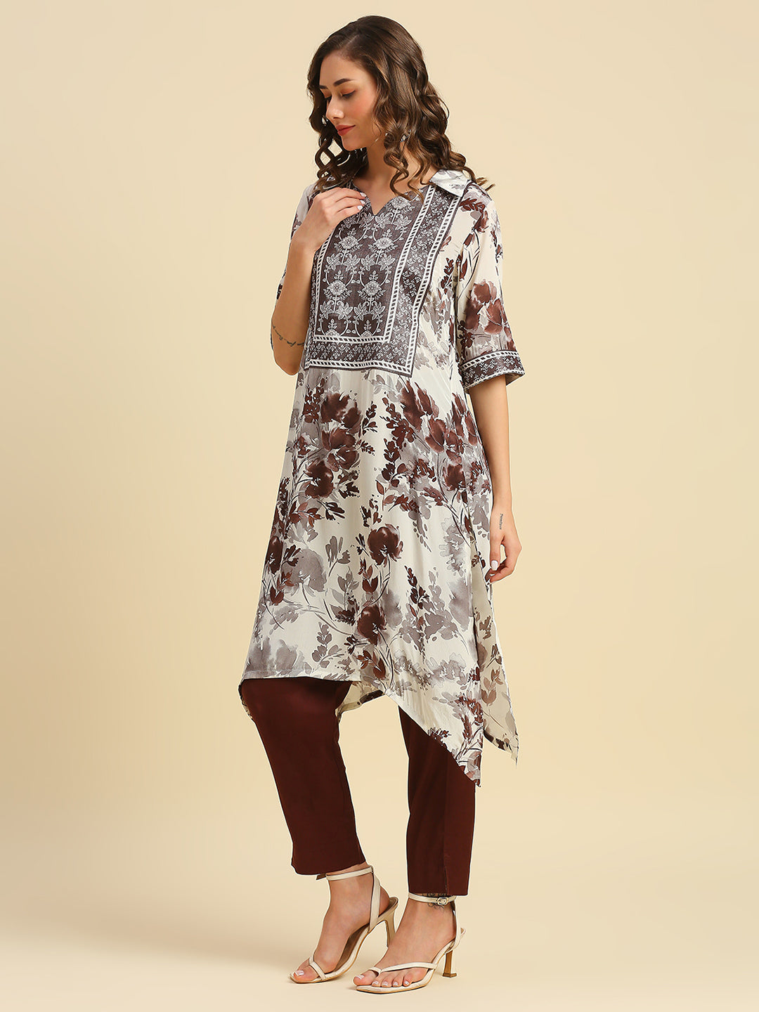 Brown Floral Printed Asymmetric Kurta with Brocade Yolk