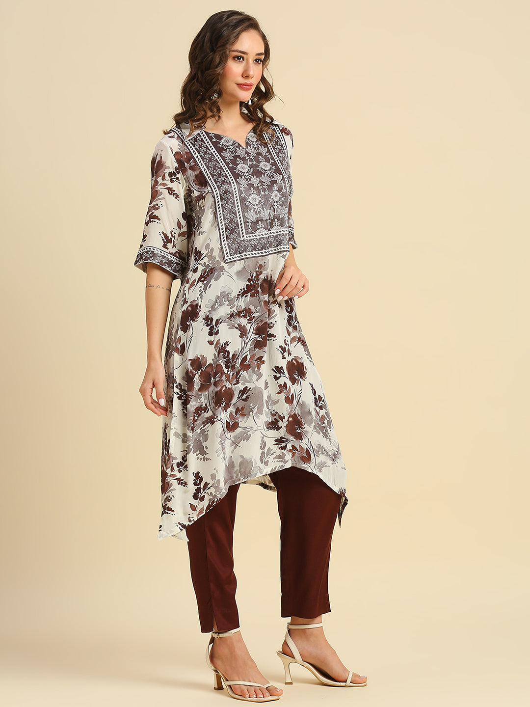 Brown Floral Printed Asymmetric Kurta with Brocade Yolk