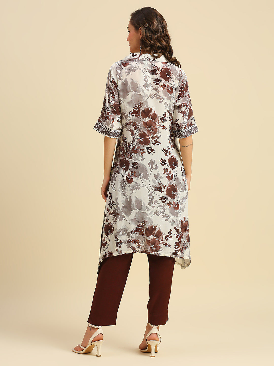 Brown Floral Printed Asymmetric Kurta with Brocade Yolk