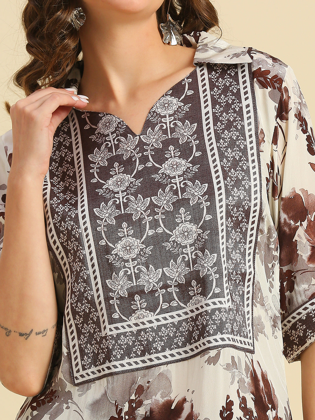 Brown Floral Printed Asymmetric Kurta with Brocade Yolk