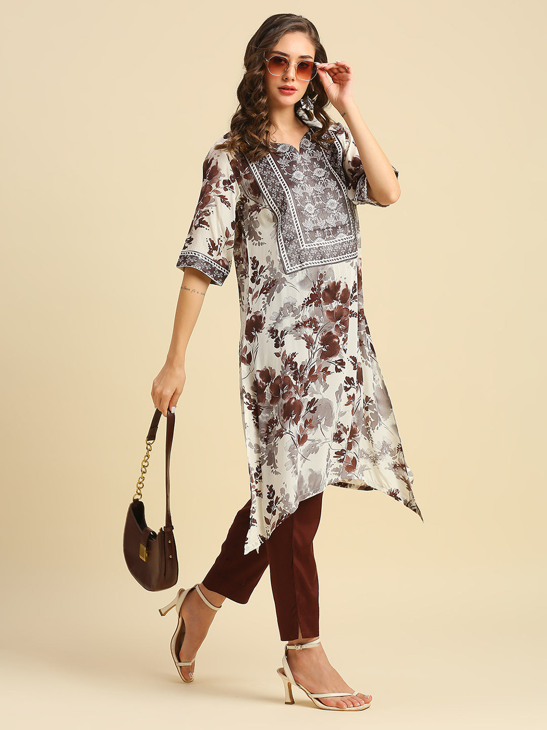 Brown Floral Printed Asymmetric Kurta with Brocade Yolk