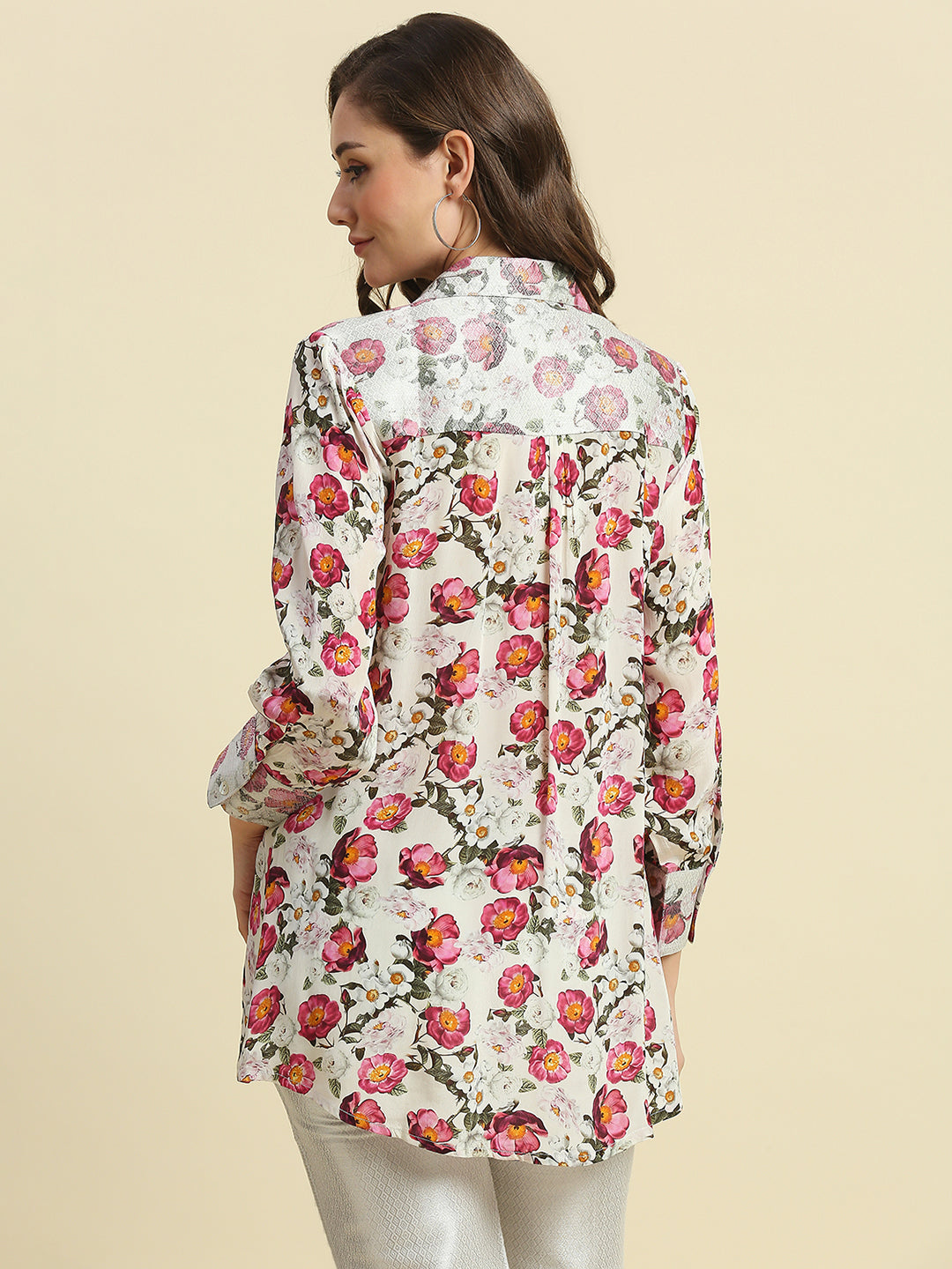 Off-white Pink Floral Printed Top with Brocade Trims