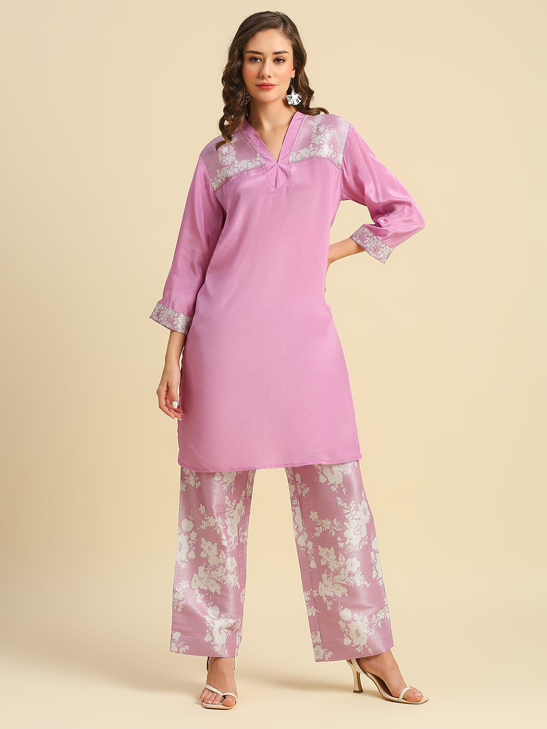 Pink Solid Top With Floral Brocade Pant