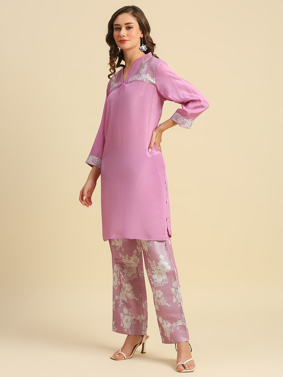 Pink Solid Top With Floral Printed Brocade Pant Set