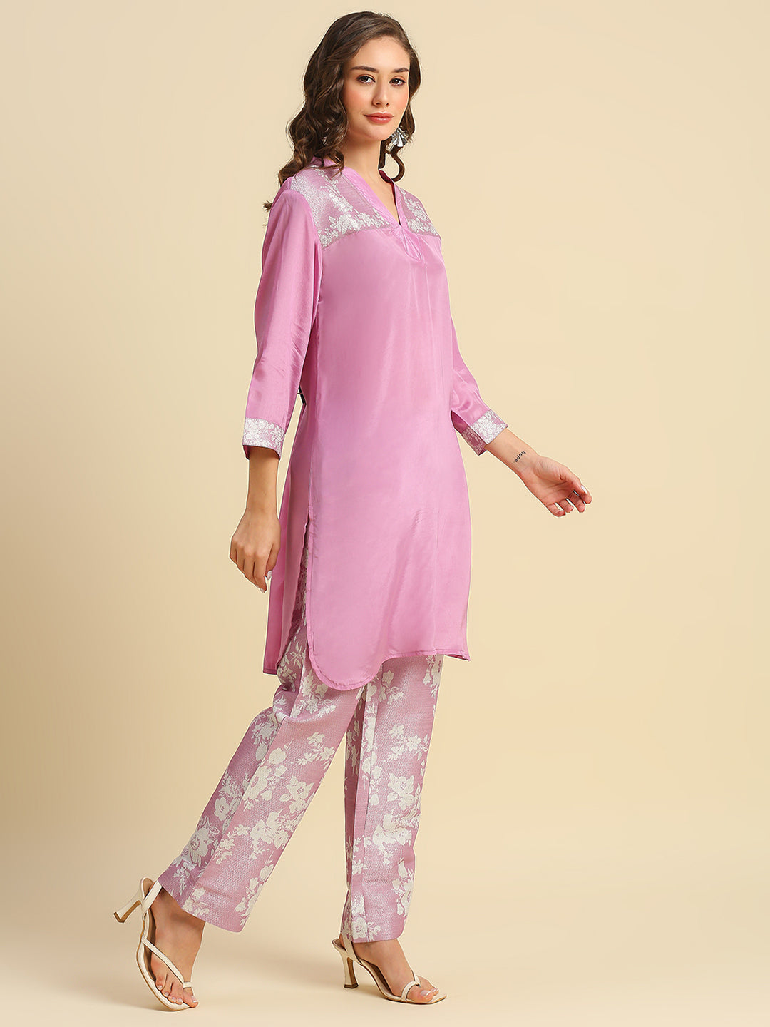 Pink Solid Top With Floral Printed Brocade Pant Set