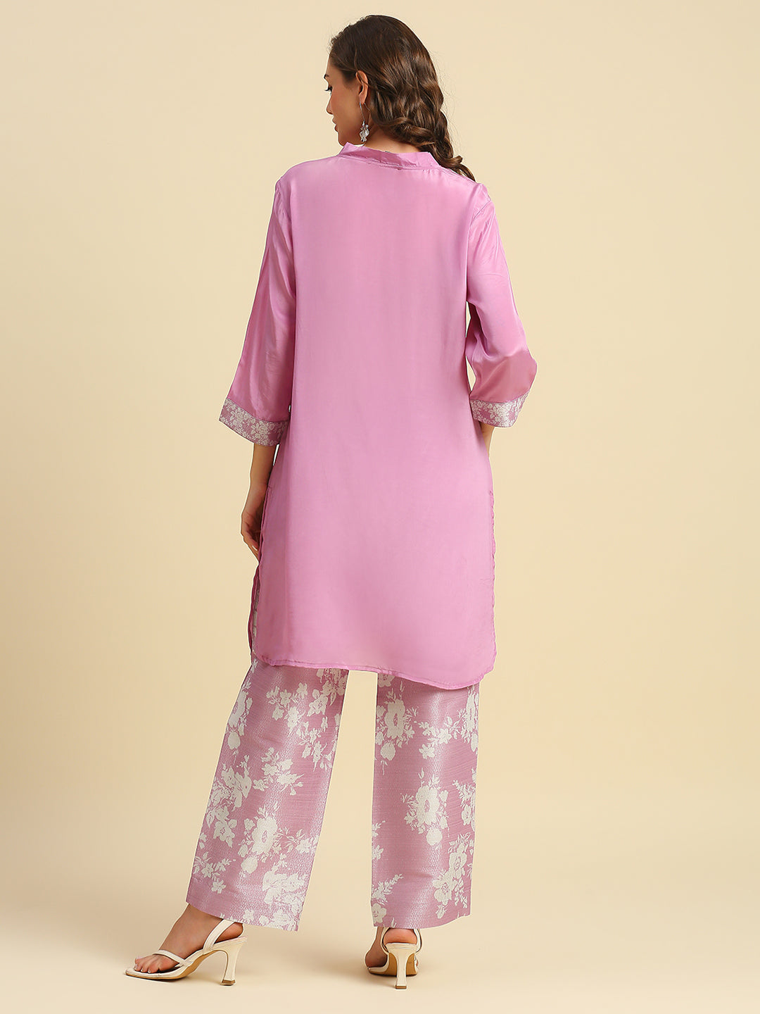 Pink Solid Top With Floral Printed Brocade Pant Set