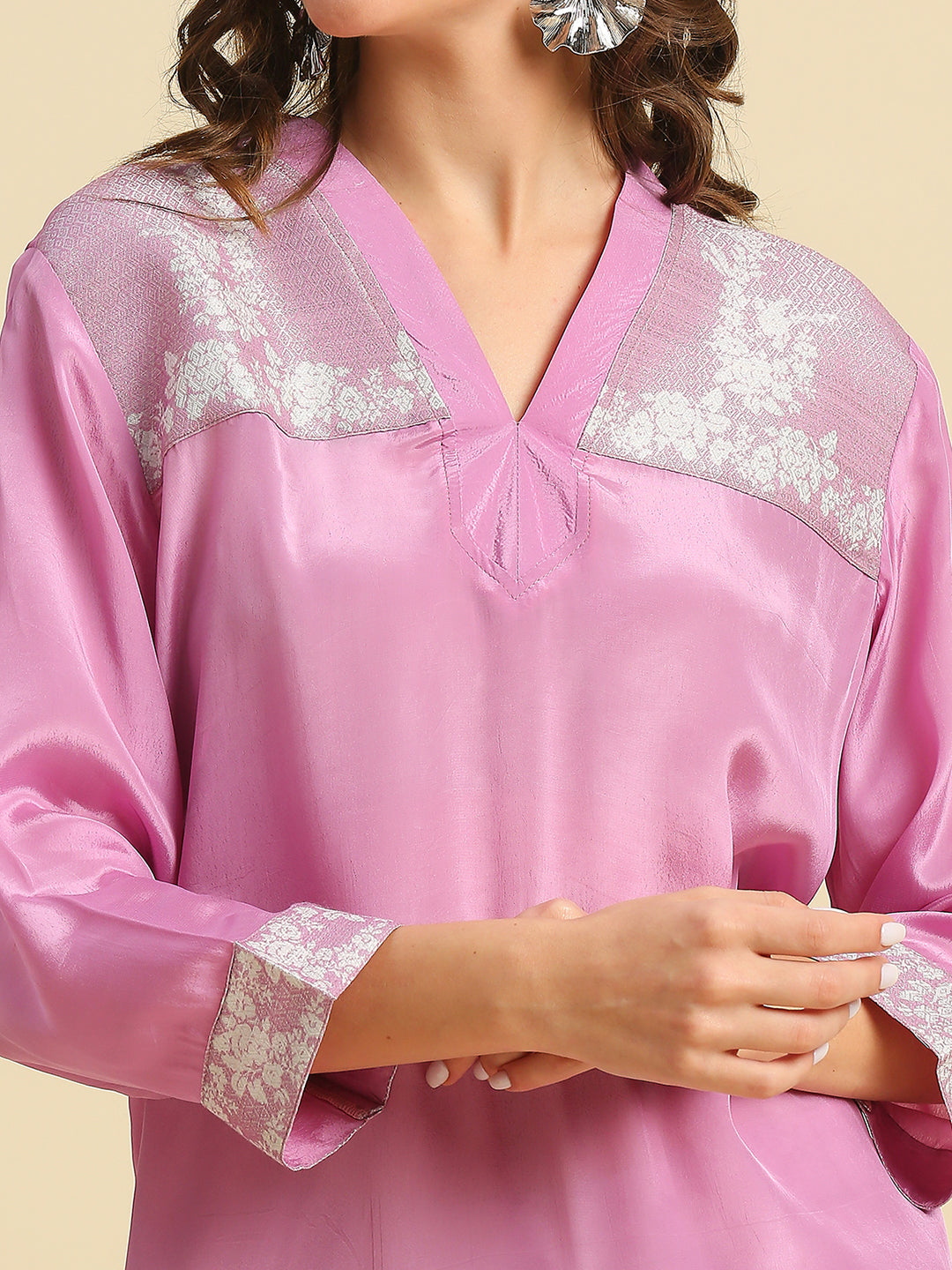 Pink Solid Top With Floral Printed Brocade Pant Set