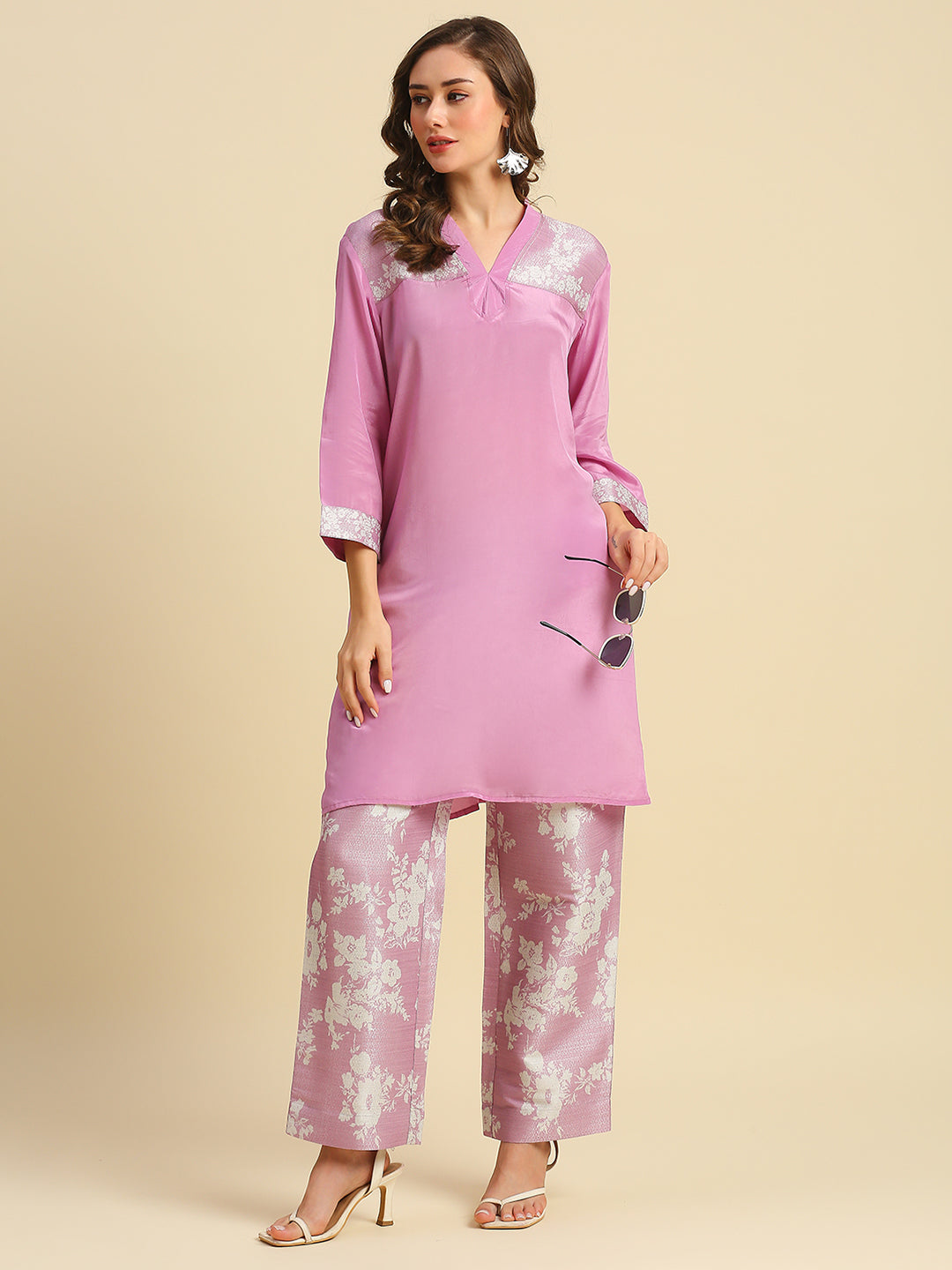 Pink Solid Top With Floral Printed Brocade Pant Set