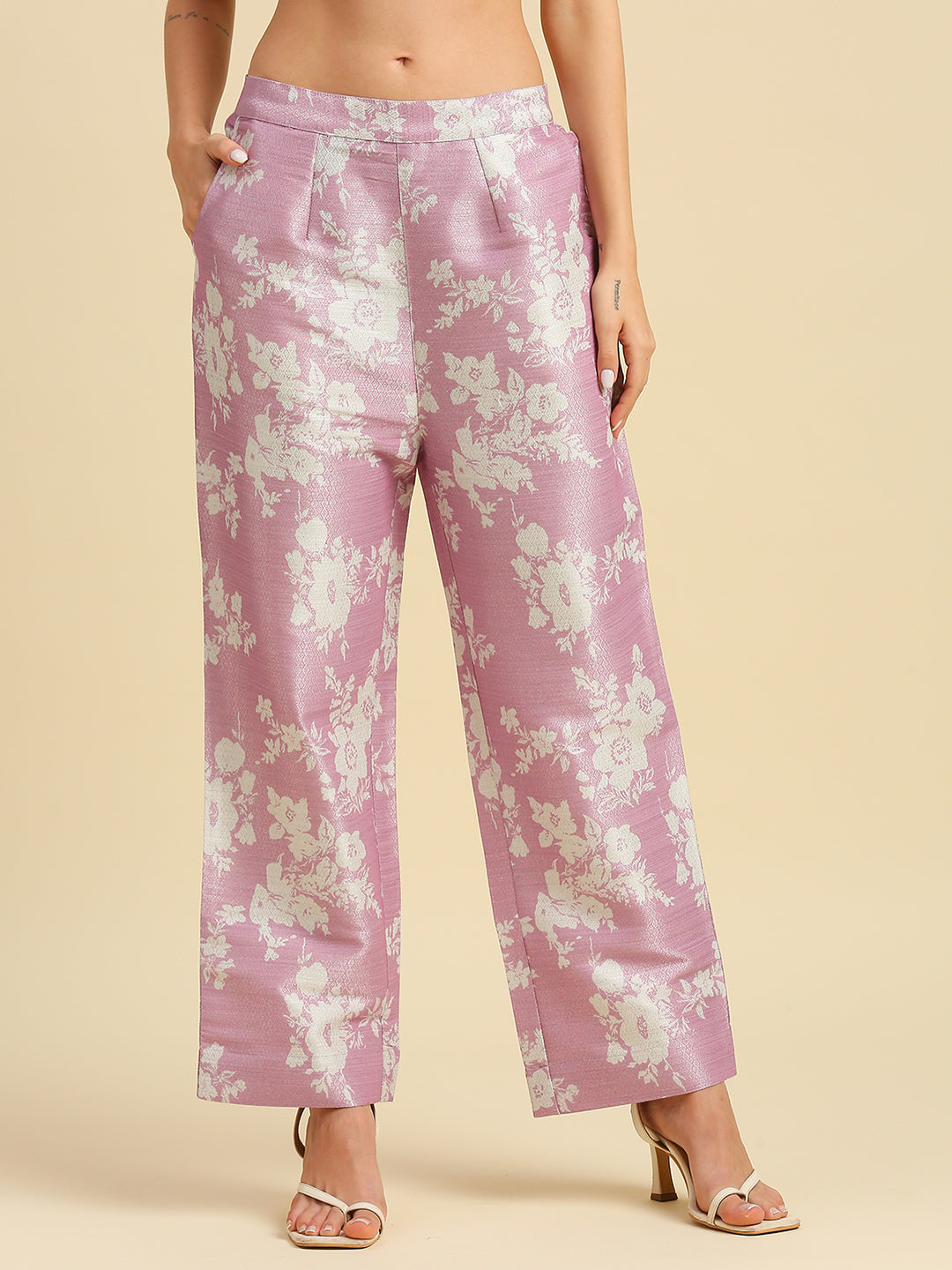 Pink Solid Top With Floral Printed Brocade Pant Set