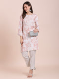 White Peach Floral Printed Viscose Kurta