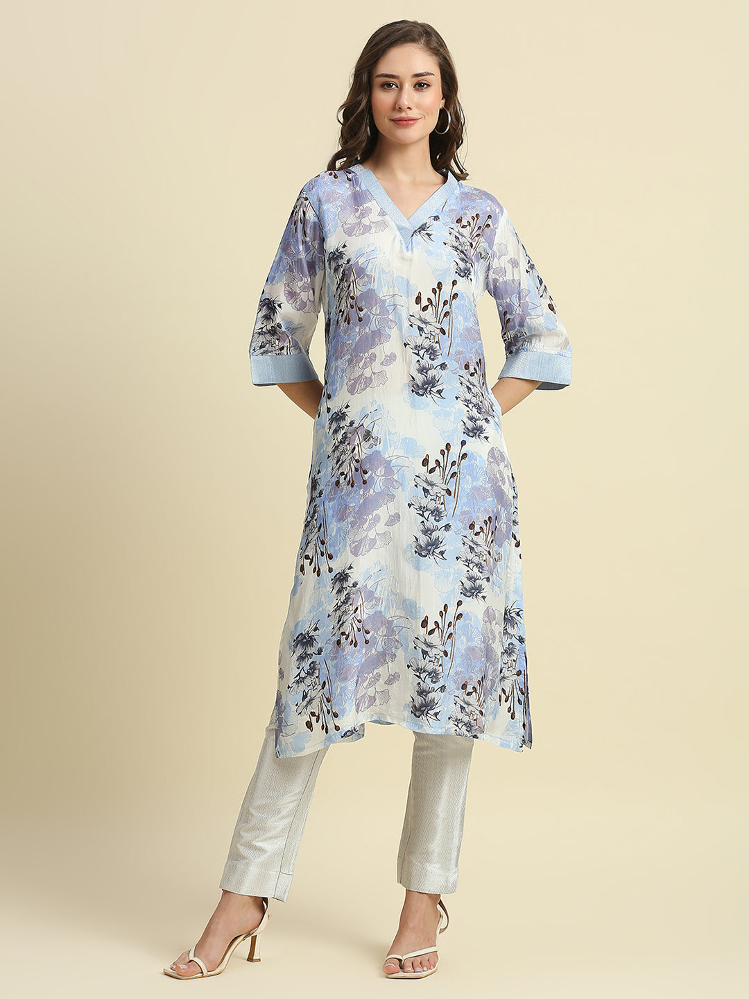 Blue & White Floral Printed Kurti with Metallic Trims