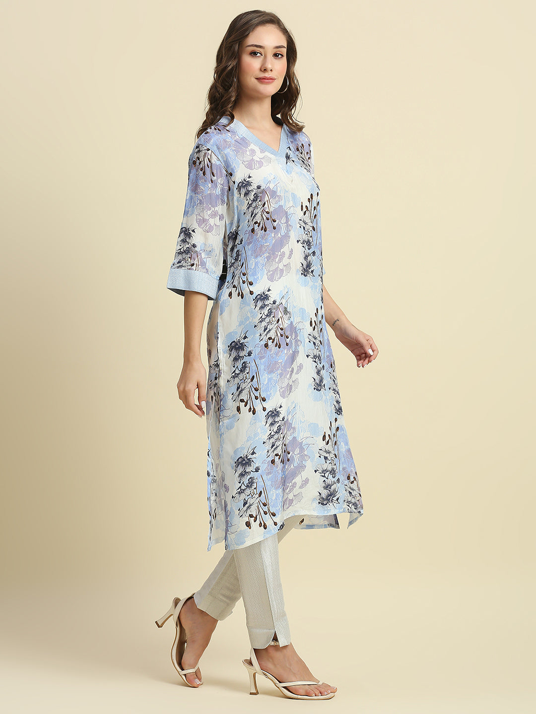 Blue & White Floral Printed Kurti with Metallic Trims