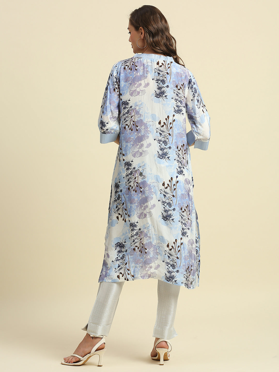 Blue & White Floral Printed Kurti with Metallic Trims