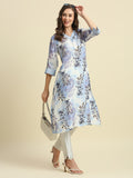 Blue & White Floral Printed Kurta with Metallic Trims
