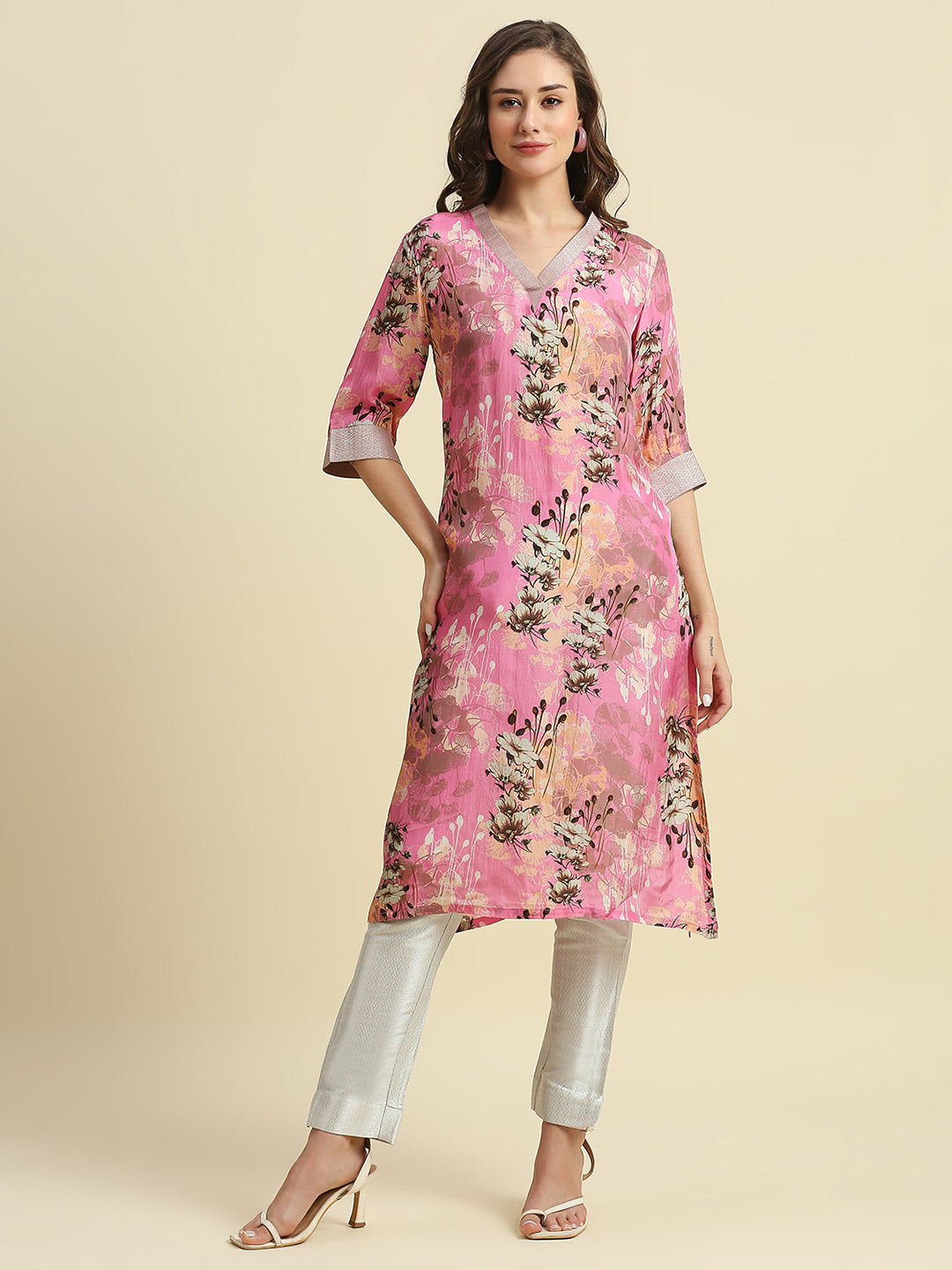 Pink & White Floral Printed Kurti with Metallic Trims