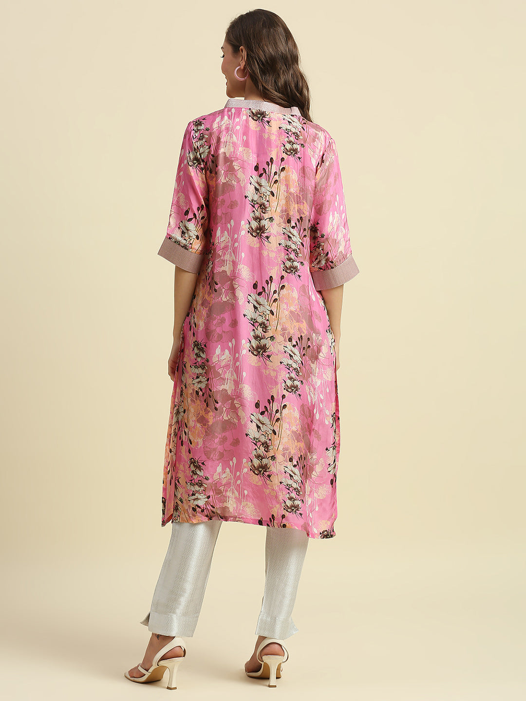 Pink & White Floral Printed Kurti with Metallic Trims