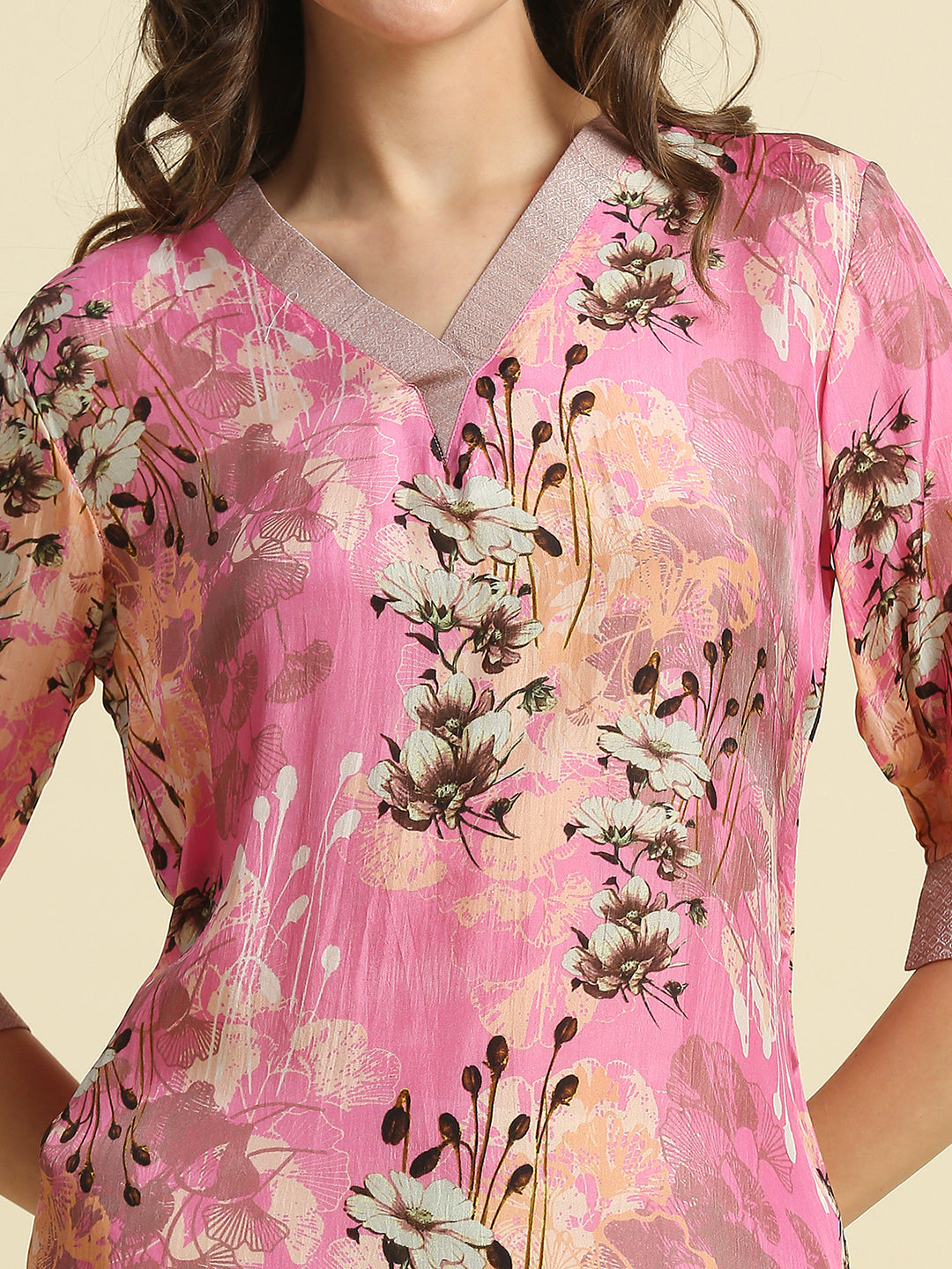 Pink & White Floral Printed Kurti with Metallic Trims