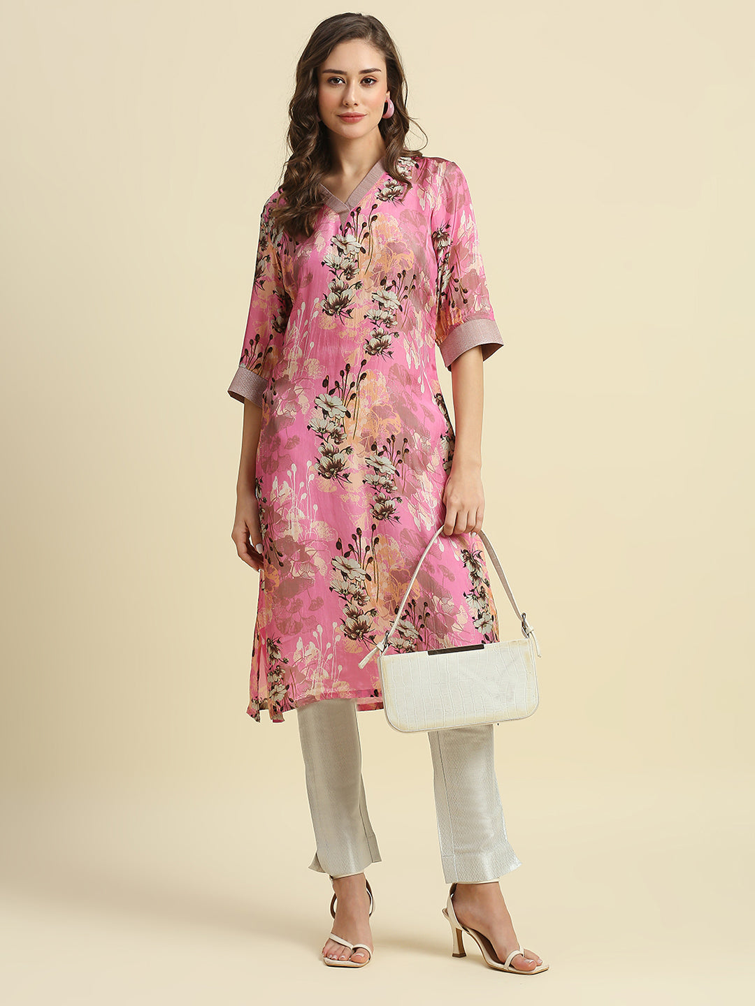 Floral Printed Pink & White Kurta
