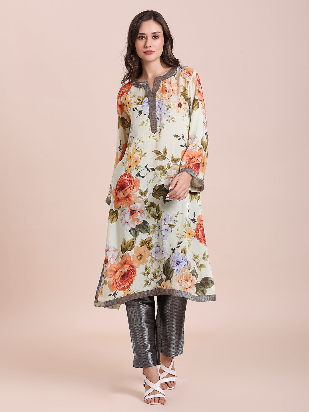 Pista Multi Floral Printed Viscose Kurti with Brocade Trims