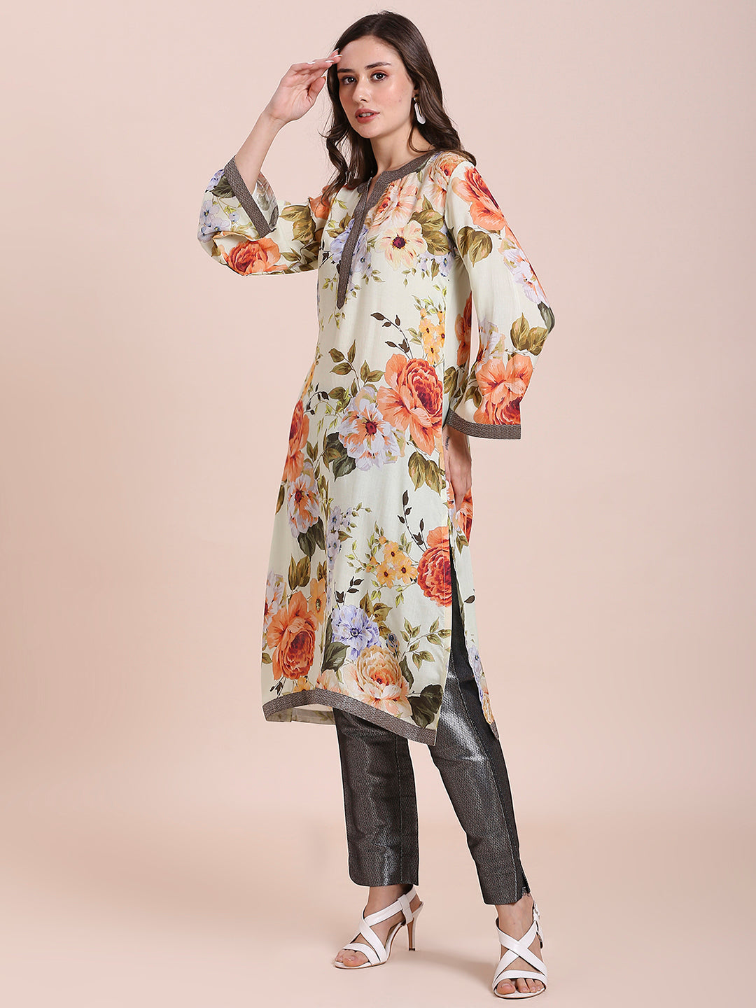 Pista Multi Floral Printed Viscose Kurti with Brocade Trims