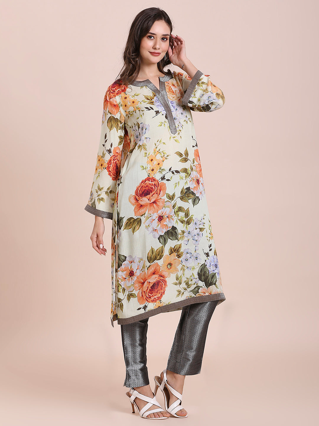 Pista Multi Floral Printed Viscose Kurta with Brocade Trims