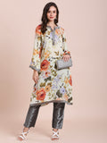 Pista Multi Floral Printed Viscose Kurta with Brocade Trims