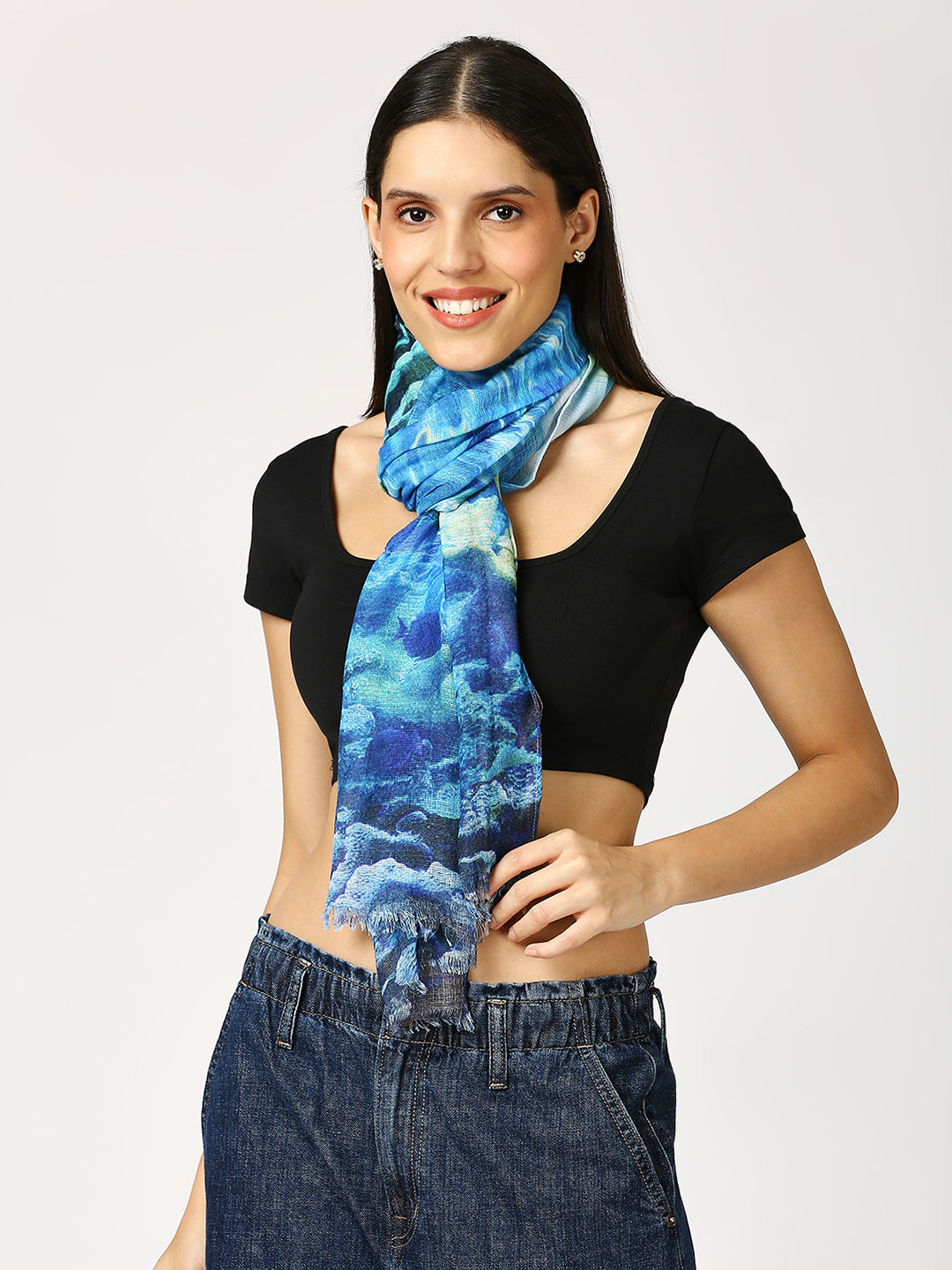 Ocean Blue Fish Printed Polyester Scarf