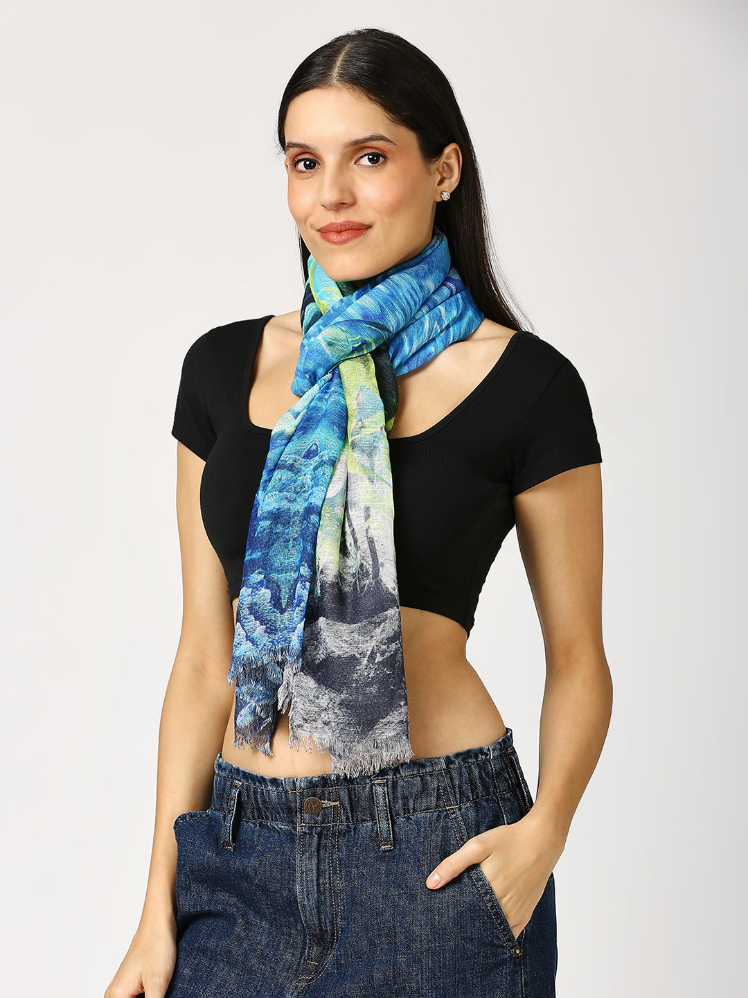 Ocean Blue Fish Printed Polyester Scarf