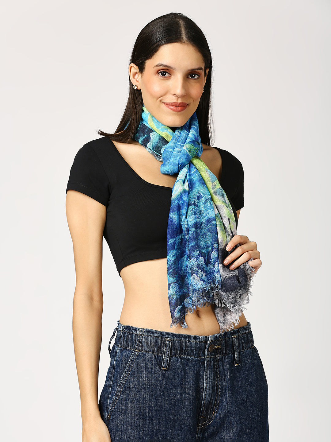 Ocean Blue Fish Printed Polyester Scarf