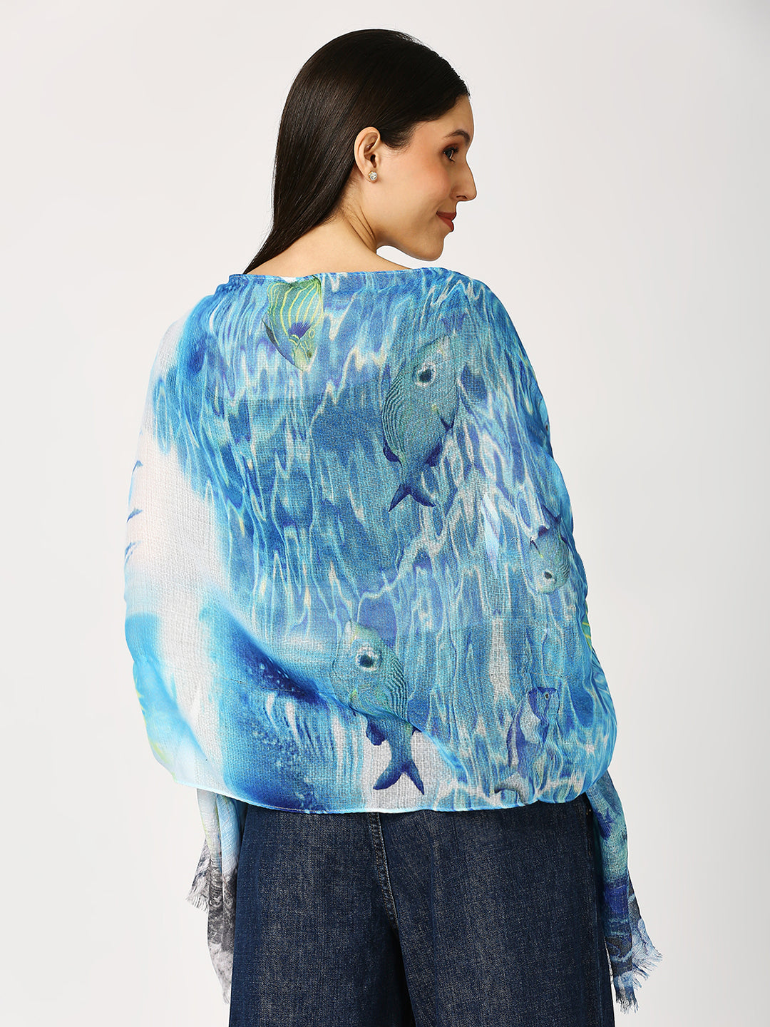 Ocean Blue Fish Printed Polyester Scarf